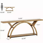 70.87 Table console industrielle avec étagères de rangement à 2 niveaux, marron clair