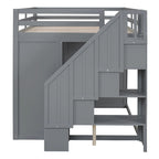 Lit mezzanine en bois gris, taille standard, avec penderies, tiroirs et escalier de rangement